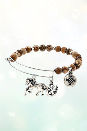 HORSE MULTI CHARMS DANGLE BEADED BANGLE BRACELET