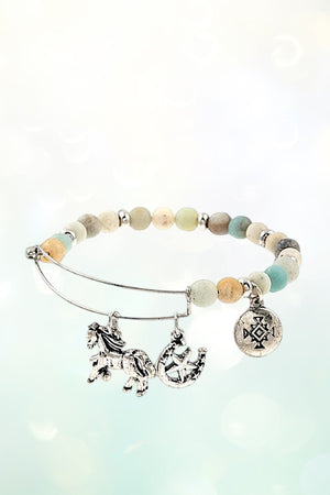 HORSE MULTI CHARMS DANGLE BEADED BANGLE BRACELET