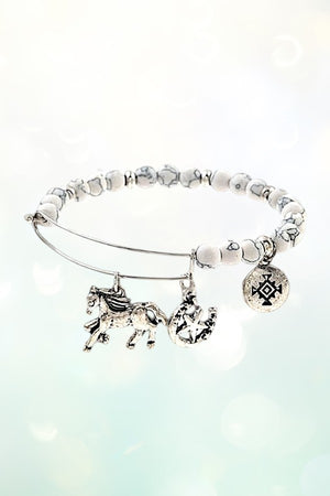 HORSE MULTI CHARMS DANGLE BEADED BANGLE BRACELET