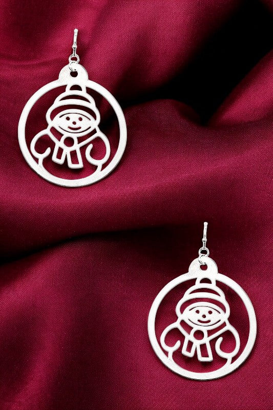 SNOWMAN CUT OUT CIRCLE DANGLE EARRING