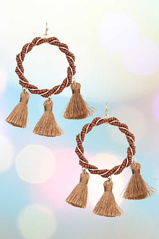 INTERTWINED  BEAD HOOP TASSEL EARRING