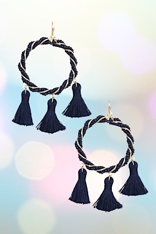 INTERTWINED  BEAD HOOP TASSEL EARRING