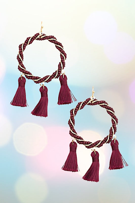 INTERTWINED  BEAD HOOP TASSEL EARRING