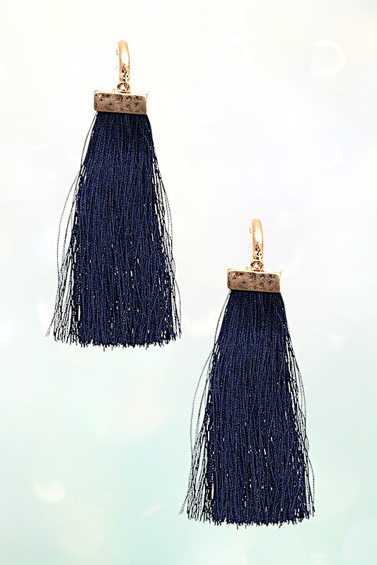 OBLONG NAVY TASSEL DROP SMALL HOOP EARRING