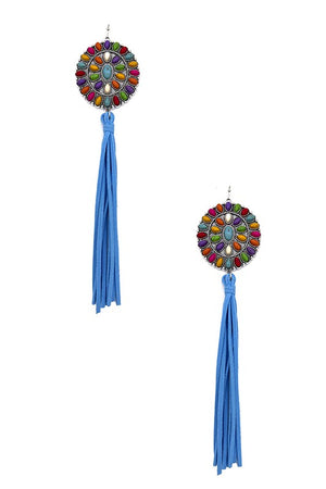 Floral Concho Gem Oblong Tassel Earring