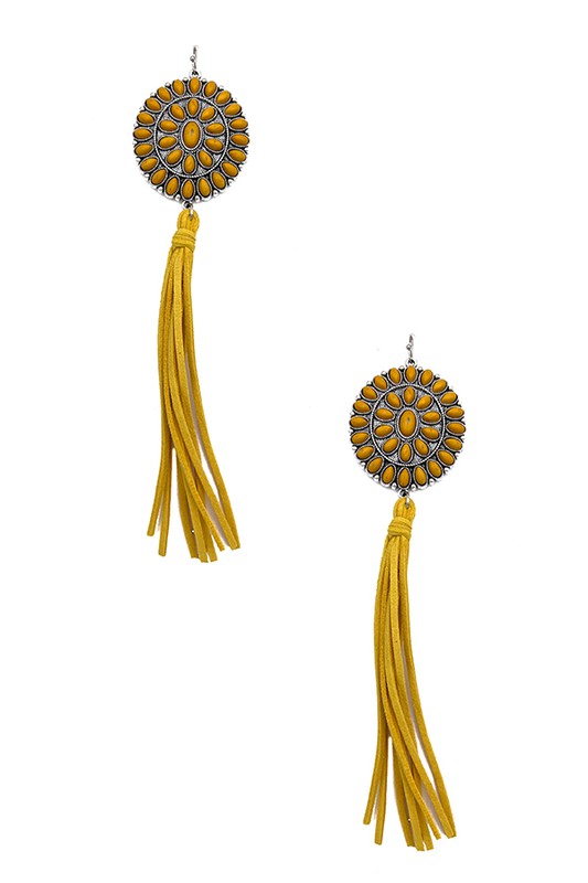 Floral Concho Gem Oblong Tassel Earring