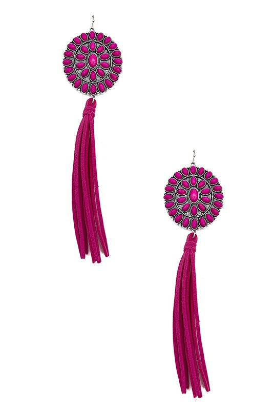 Floral Concho Gem Oblong Tassel Earring