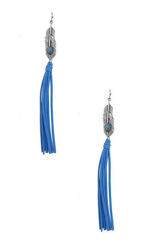 Feather Gem Accent Oblong Tassel Earring