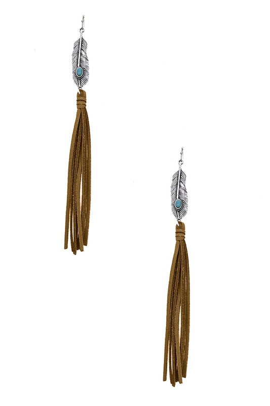 Feather Gem Accent Oblong Tassel Earring