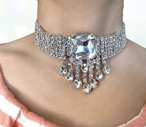 RHINESTONE PAVE GEM DANGLE CHOKER NECKLACE