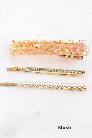 GLITTERED BARRETTE AND RHINESTONE PEARL PAVE GOLD BOBBY PINS SET
