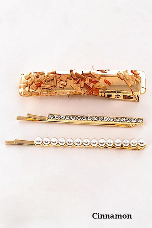 GLITTERED BARRETTE AND RHINESTONE PEARL PAVE GOLD BOBBY PINS SET