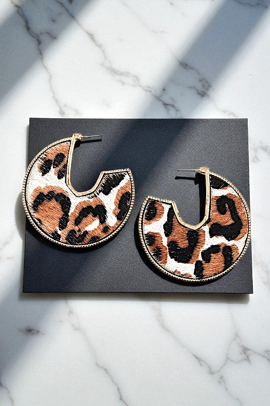 FAUX FUR ANIMAL PRINT FLAT SEMI HOOP EARRING