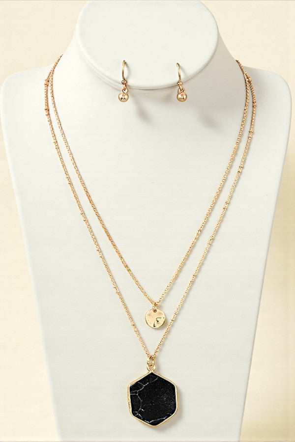HEXAGON STONE PENDANT LAYERED NECKLACE SET