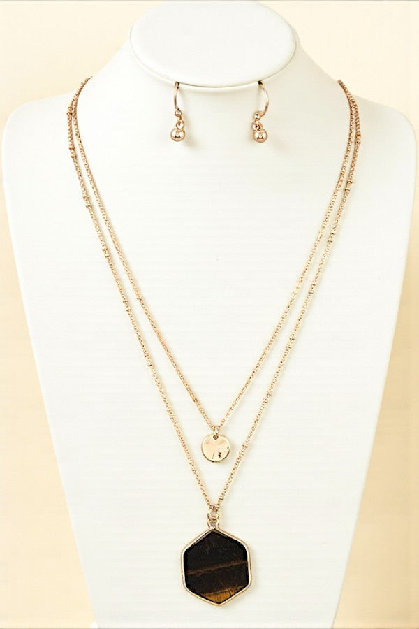 HEXAGON STONE PENDANT LAYERED NECKLACE SET