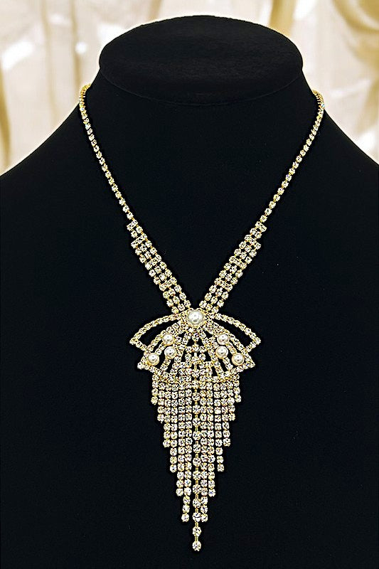 Rhinestone Pave Bow Pendant Fringe Necklace