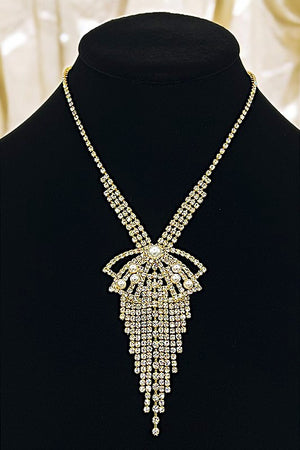 Rhinestone Pave Bow Pendant Fringe Necklace