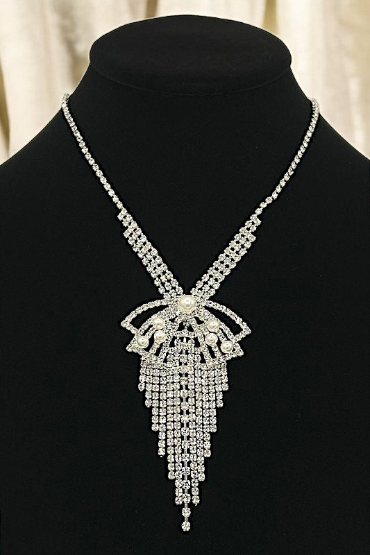 Rhinestone Pave Bow Pendant Fringe Necklace