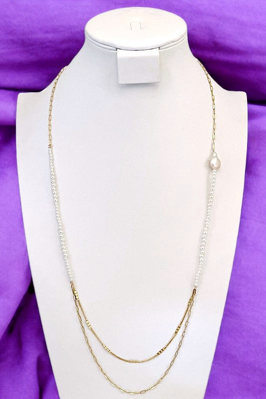 Pearl Bead Double Chain Pendant Long Necklace