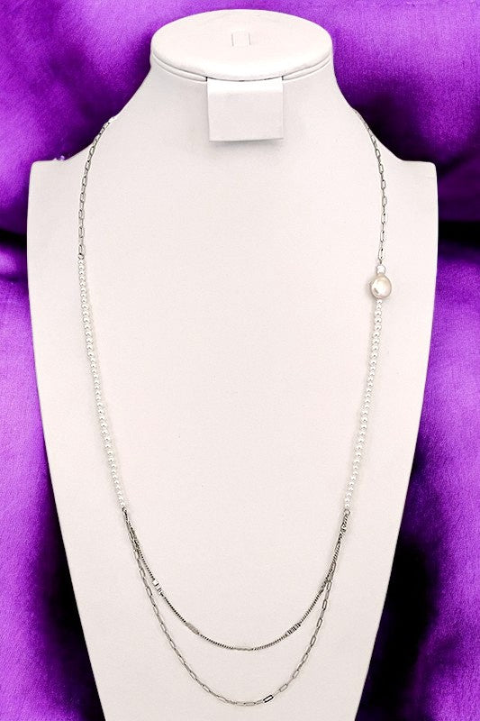 Pearl Bead Double Chain Pendant Long Necklace