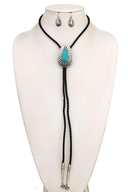 Gemstone Framed Pendant Cord Necklace Set