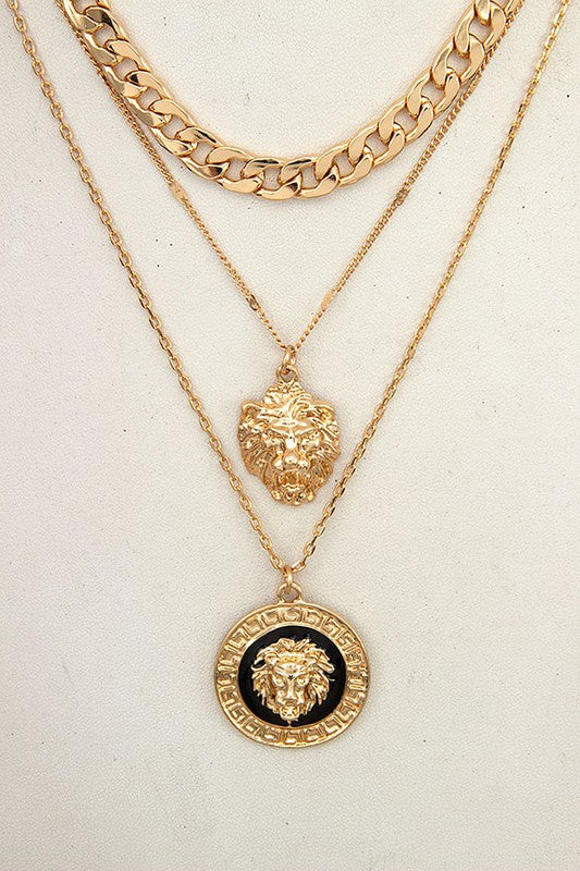 Lion Disk Pendant Layered Necklace