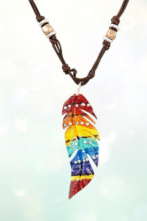 RAINBOW FEATHER PENDANT LAYERED CORD NECKLACE AND FEATHER DANGLE EARRING SET