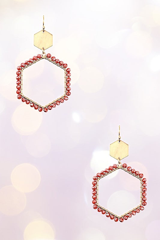 BEADED HEXAGON DANGLE EARRING