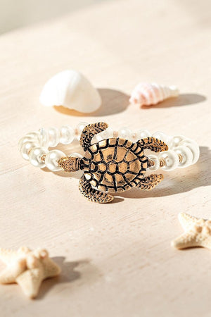 DETAILED TURTLE CHARM FAUX PEARL LINK STRETCH BRACELET