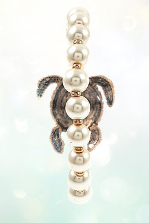 DETAILED TURTLE CHARM FAUX PEARL LINK STRETCH BRACELET