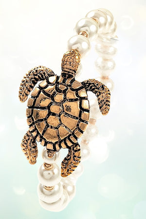 DETAILED TURTLE CHARM FAUX PEARL LINK STRETCH BRACELET