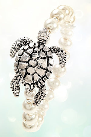 DETAILED TURTLE CHARM FAUX PEARL LINK STRETCH BRACELET