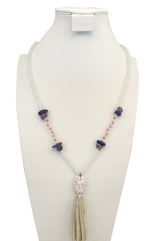Faceted Glass Bead Tassel Pendant Long Necklace