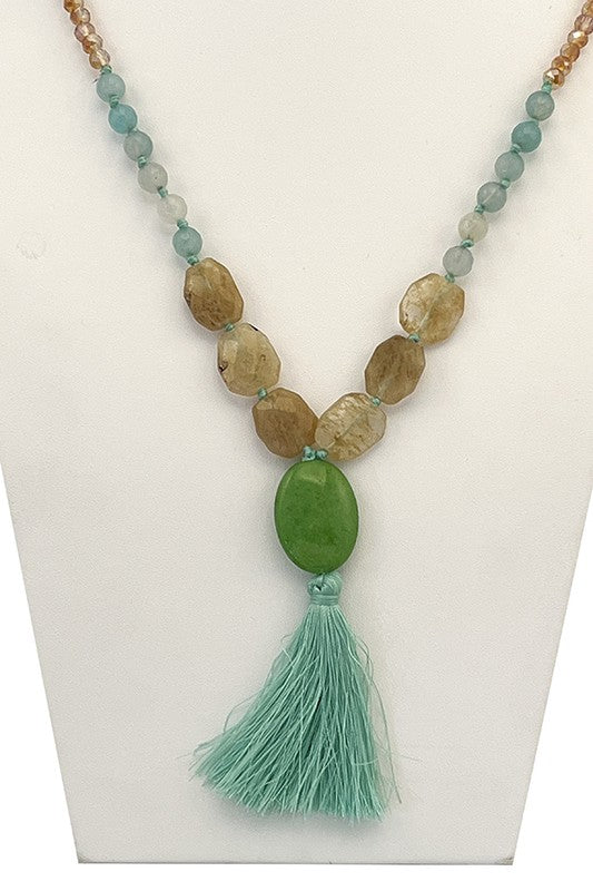 Glass Bead Faceted Stone Tassel Long Necklace