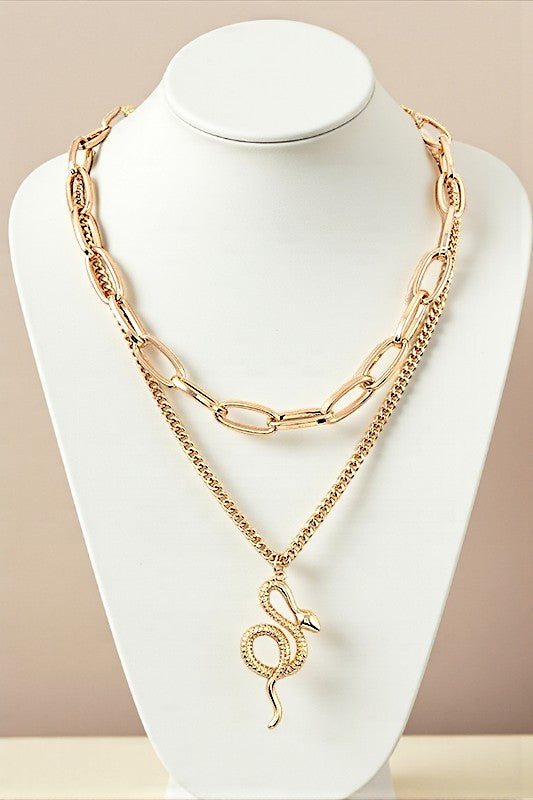 CHUNKY CHAIN LAYERED SNAKE PENDANT NECKLACE