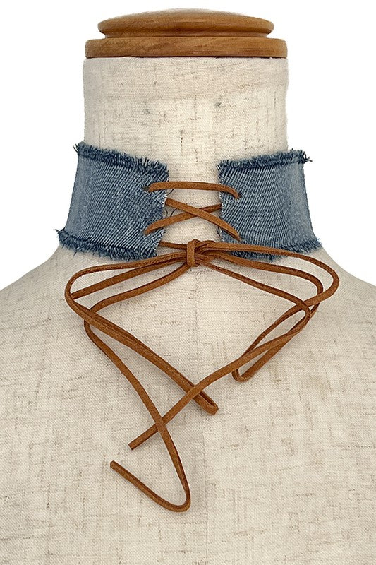 Distressed Denim Cord Choker Necklace