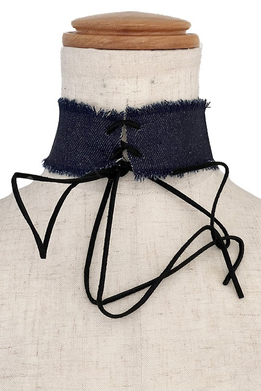 Distressed Denim Cord Choker Necklace