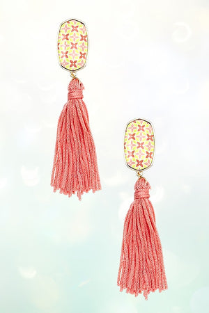 OVAL PRINT TASSEL LINK DROP EARRING