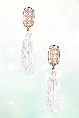OVAL PRINT TASSEL LINK DROP EARRING