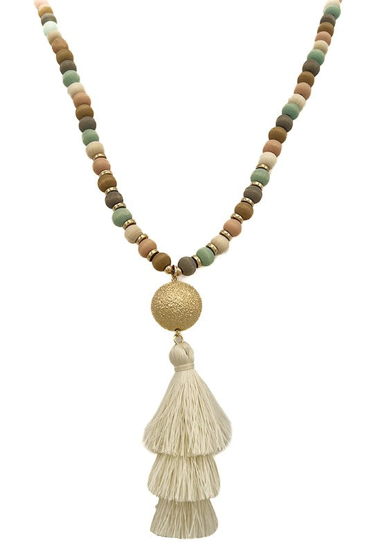 Elongated Wood Bead Tassle Pendant Necklace Set