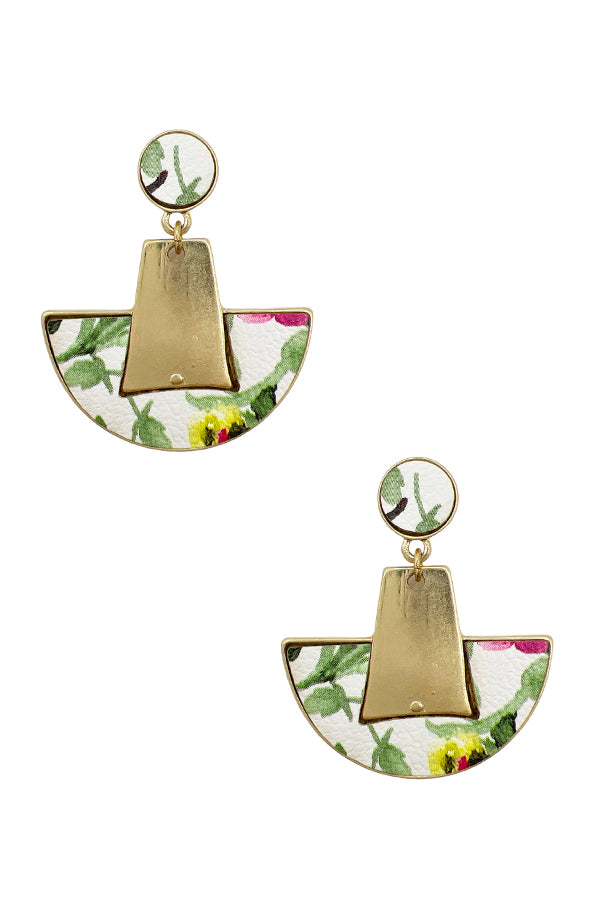 Metal Link Floral Print Drop Earring