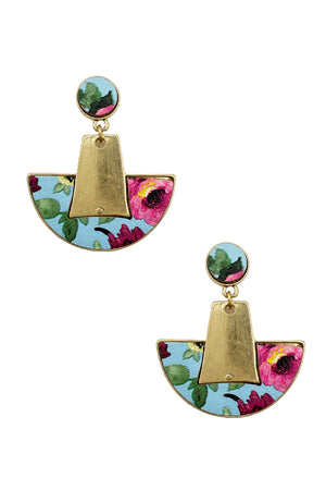 Metal Link Floral Print Drop Earring