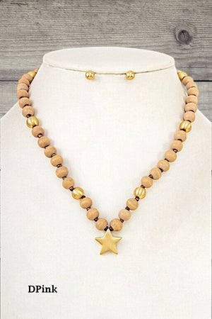 ROUND WOOD BEAD STAR PENDANT NECKLACE SET
