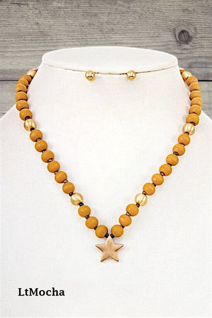 ROUND WOOD BEAD STAR PENDANT NECKLACE SET
