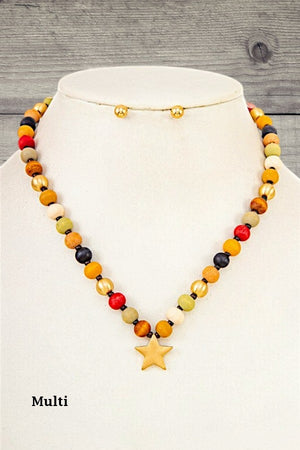ROUND WOOD BEAD STAR PENDANT NECKLACE SET