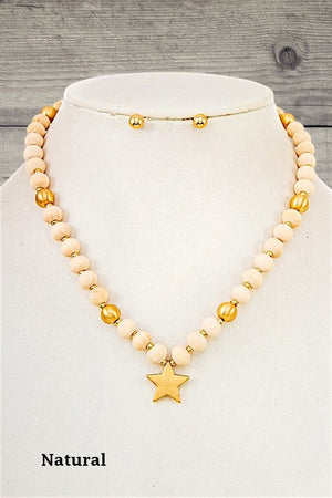 ROUND WOOD BEAD STAR PENDANT NECKLACE SET