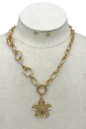 Chain Link Floral Pendant Necklace Set