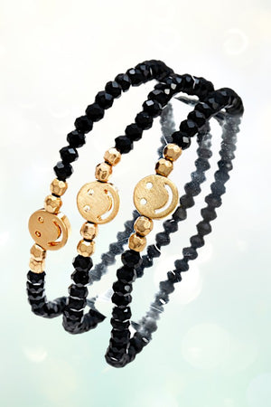 SMILEY FACE ACCENT FACETED BEAD STRETCH BRACELET SET