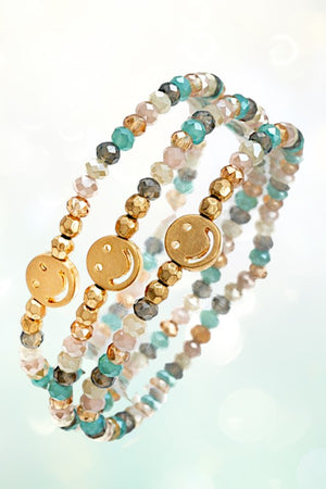 SMILEY FACE ACCENT FACETED BEAD STRETCH BRACELET SET