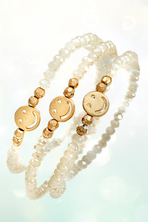 SMILEY FACE ACCENT FACETED BEAD STRETCH BRACELET SET